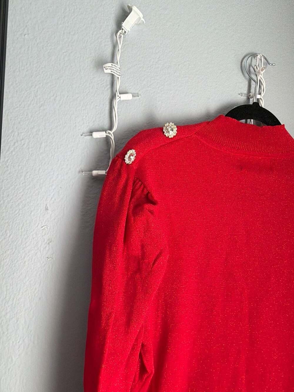 Seven Manor Red Metallic Knit Mock Neck Sweater with Rhinestone Shoulder Buttons